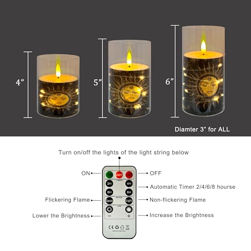 Image of Flickering Flameless Candles Black Moon and Sun, Embedded Star String Lights, Battery Operated Acrylic LED Pillar Candles with 11-Key Remote and Timer for Home Decoration, 3 Pack
