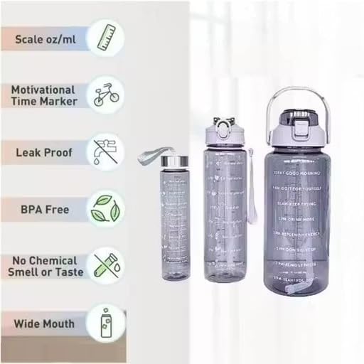 Image of EKAN 3 in 1 Motivational Water Bottles Set 2000 ml, 900 ml, 300 ml Large Capacity Sipper Bottles for School, Office, Home and Gym Use Leak-proof BPA-Free Water Bottles (Purple)