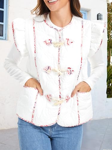 HOULENGS Women's Flutter Sleeve Printed Puffer Vest Sleeveless Quilted Jackets Button Down Padded Gilet Coats with Pockets3