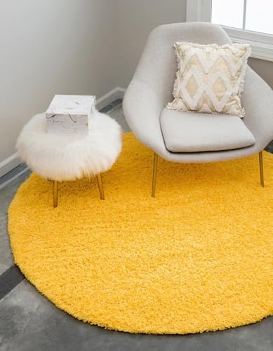 Image of Shaggy Round Area Rug - Soft Plush Circle Solid Color Carpet for Living Room, Bedroom, Kids Room - Fluffy Fuzzy Floor Mat for Home Decor (Yellow, 5x5 feet, Round)