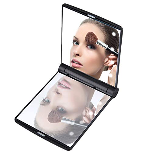 Led Lighted Travel Makeup Mirror,Compact Mirror With1X/2X Magnification, Dual Sided Vanity Mirror With Lights Portable Illuminated Folding Tabletop Cosmetic Mirror,Handheld Pocket Bag Mirror (Black) #TOP2