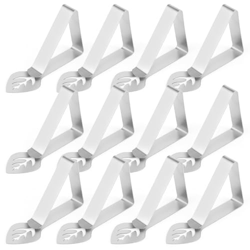 CRESZZLE Set de 12 Pinzas para manteles de Mesa en Acero Inoxidable para mesas Gruesas, terraza y Picnic. Versátiles y Ajustables - Pinzas manteles Exterior, sujeta manteles de Mesa Exterior.