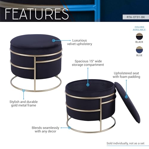 Techni Home Elegant Velvet Round Ottoman with Gold Frame and Storage (Black)