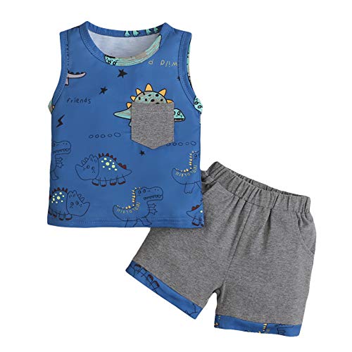 Baby Boy Summer Casual Outfit Toddler Dinosaur Print Vest Tops+Short Pants 2pcs Clothes Set (Blue, 2-3T)