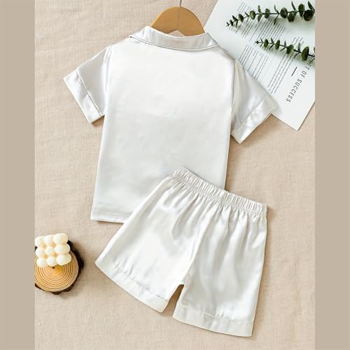 Kids Boys Girls Satin 𝐏a𝐣amas Toddler Solid Button Down Short Sleeve with Shorts 𝐒lee𝐩wear 2PCS Summer 𝐍𝐢ghtwear 𝐏𝐣s2