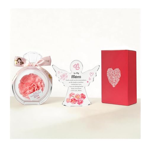 Image of CECEIN Gifts for Mom Mothers Day Birthday Moms Gift from Daughter Son Carnations Artificial Flowers and Acrylic Angel Plaque Presents