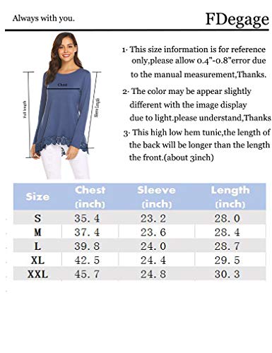 Qearal Women's Tops Long Sleeve Lace Trim O-Neck A-Line Tunic Tops (Navy Blue S)