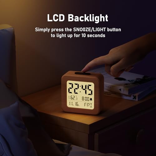 Image of CHEREEKI Battery Operated Clock with Real Wood Case, Loud Alarm, Snooze, Automatic Light Sensor, Temperature, Date and Day of the Week Display (3 AAA Batteries Included)