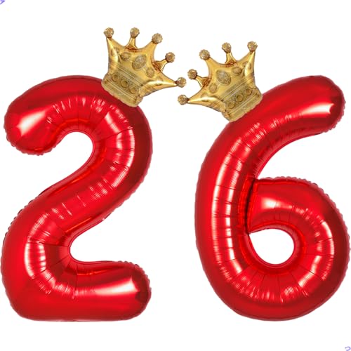 Red 26 Balloon Numbers 40 Inch Giant 26th Birthday Balloons, Helium Mylar Foil Number 26 Balloon for Red and Gold 26th Birthday Party Decorations Supplies for Men Woman, Crown Balloons