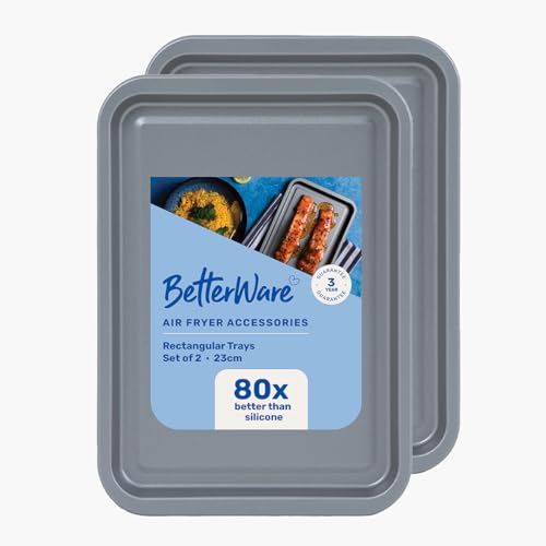 BetterWare Air Fryer Accessories Set of 2 x 23cm Rectangular Trays | Non-Stick Low Carbon Steel | Dishwasher & Freezer Safe | Compatible with Most Air Fryers | Ideal for Cooking Roasting & Baking
