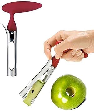 Apple Corer Lever Tool + Pear Pepper Poker Pusher by BRIGHT KITCHEN Stainless Steel Pear Fruit Seed Remover Cherry Red Grip with Serrated Blade
