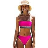 KAMONI Bandeau Bikini Damen Set Hoch tailliert Hoher Beinausschnitt Frech Badeanzug Damen 2-Teiliger Bikini Bademode (as3, Alpha, m, Regular, Regular, Rot)