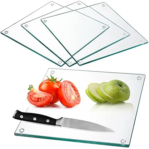 Hacaroa Set of 4 Tempered Glass Cutting Board, 10"x10" Square Chopping Board with Rubber Feet, Non-slip Glass Tray for Kitchen Countertop, Long Lasting, Shatter-Resistant, Dishwasher Safe, Clear Cover