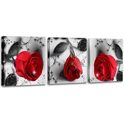 MESESE Red Rose Flower on Black White Canvas for Home Wall Art Decor, 3 Panels Modern Romantic Floral Framed Bedroom Decoration (12inchesx12inchesx3pcs)