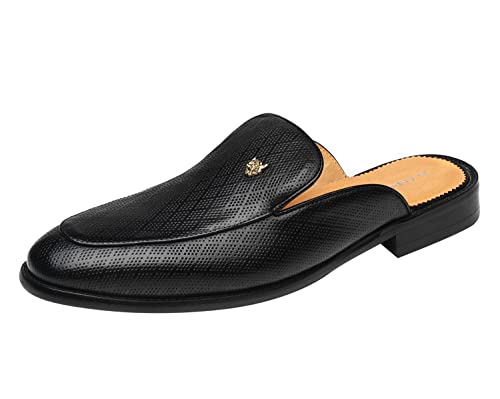 Image of ELANROMAN Men's Backless Loafers Black Genuine Leather Mules Slippers Slip on Shoes