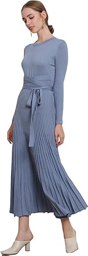 Ranrui Pleated Knitted Fit And Flare Sweater Dresses Womens Round Neck Long Sleeve Knit Dresses High Waist Long Sweater Dress Soft Warm Belt Fitted Maxi Dresses Winter Dress 1302(A-Haze Blue,12-14) #TOP5
