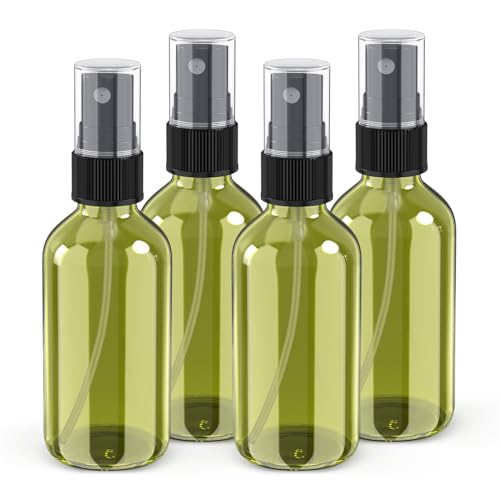 Wedama 2 oz Mini Glass Spray Bottles, Empty Small Spray Bottles with Funnel Dropper, Fine Mist for Hair, Travel, Plants, Cleaning Solutions and Skin Care (4 Pack Olive Green)