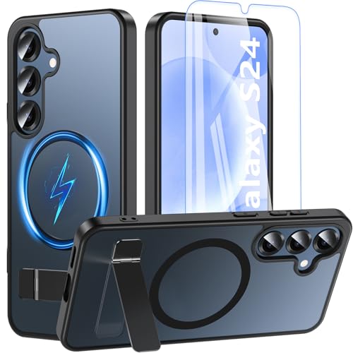 OWKEY Magnetic for Samsung Galaxy S24 Case with Invisible Stand,[Compatible with MagSafe][Military-Grade Protection] Slim Translucent Matte Phone Case for Samsung Galaxy S24 6.2", Black