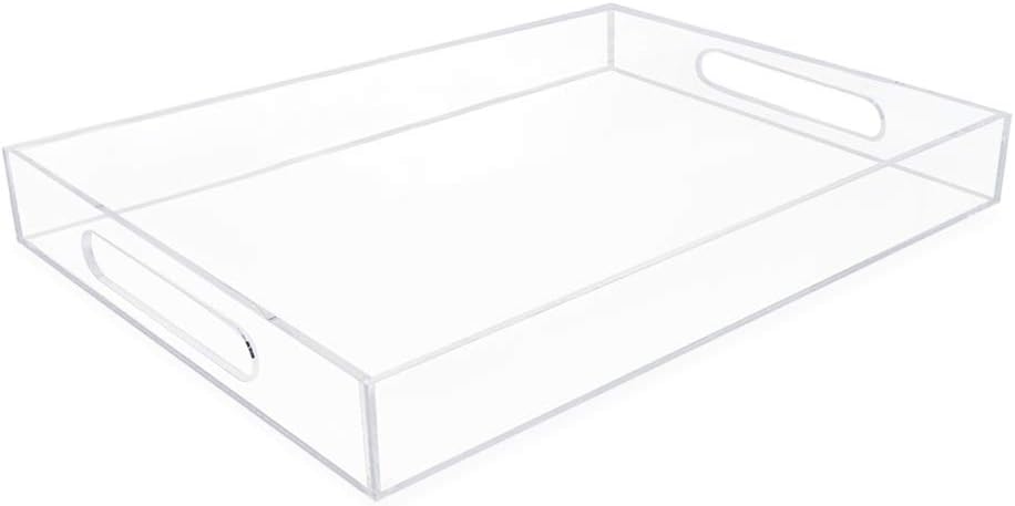 Isaac Jacobs Clear Acrylic Serving Tray (11x17) with Cutout Handles, Spill-Proof, Stackable Organizer, Space-Saver, Food & Drinks Server, Indoors/Outdoors, Lucite Storage Décor & More