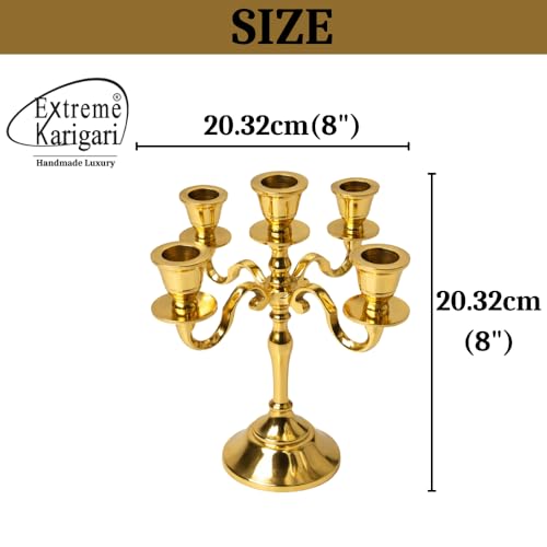 Image of Aluminum 5-Arm 8inch Gold Candelabra for Dining Table | Vintage Candle Stand for Romantic Dinner, Home & Wedding Decor