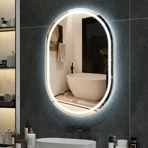 YU YUSING Espejo de Baño con Luz LED, 60x80cm, Espejo de Pared 3 Colores, Regulable, Espejos de Baño con Interruptor Táctil, Antivaho, Visualización Tiempo, Clase Protección IP44, Ovalado