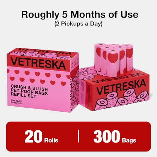Image of VETRESKA Dog Poop Bags, Leak Proof, Extra Thick and Large Pet Waste Bags for Dog Walking and Cat Litter, Smoked Cherry Scented, 300 Bags