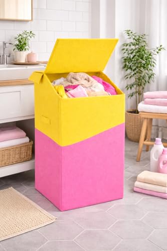 Image of 75L Large Laundry Basket with Lid, Foldable Non-Woven Fabric Clothes Hamper with Durable Handles, Heavy Duty Storage Bag for Bedroom, Bathroom, Nursery & Toys, Space-Saving Organizer (pink yellow)