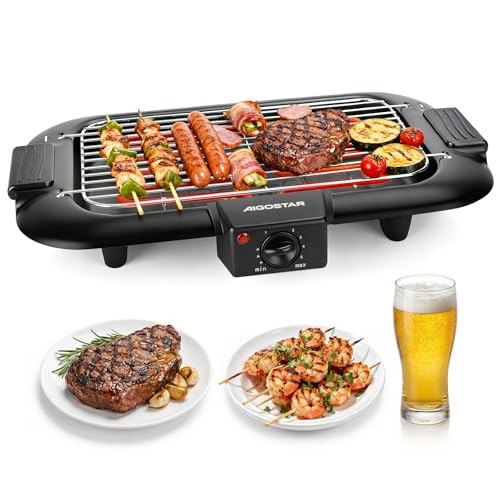 Aigostar Rauchfreier Tischgrill Barbecue Elektrogrill Elektrischer BBQ Grill 2000 Watt Antihaftbeschichtete Grillfläche 36 x 21cm, Abnehmbarer Fettauffangschale, Thermostat, Schwarz.