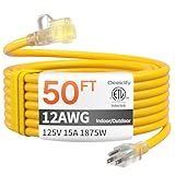 12 Gauge 50 FT Heavy Duty Outdoor Extension Cord Waterproof with Lighted End,Yellow 12 Gauge Extension Cord Flexible and Cold Resistant 3 Prong Grounded Plug,15Amp 1875W SJTW ETL Listed