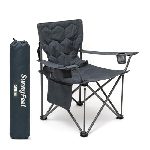 SUNNYFEEL Camping Chairs for Adults, Padded Oversized Camping Chair Heavy Duty 500LBS, Portable Lawn Chair with Cup Holder, Side Pocket&Bag for Outdoor Camping/Beach/Picnic/Fishing, Grey