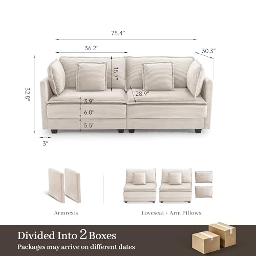 Image of 78.4 inch Corduroy Loveseat Couch, Small 2 Seater Sofa Modern Upholstered Couch for Living Room Apartment Bedroom, Beige