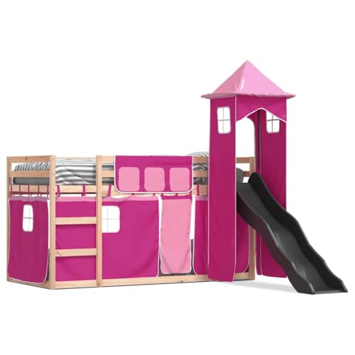 mtlskopl Lit mezzanine rose avec toboggan - Lit de jeu en pin massif - 80 x 200 cm - Tour aérée -...