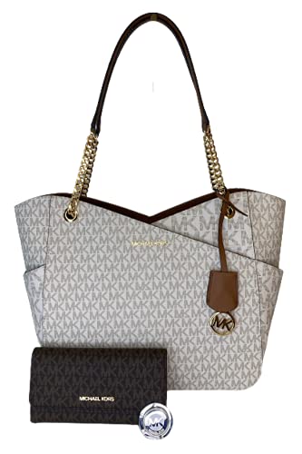 MICHAEL Michael Kors Jet Set Travel Large Chain Shoulder Tote bundled with Jet Set Travel Trifold Wallet and Michael Kors Purse Hook (2021 Signature MK Vanilla/Brown)