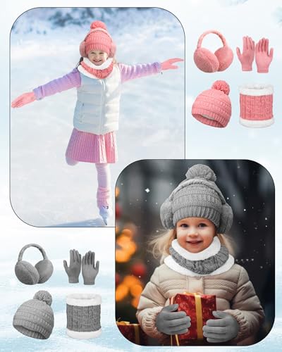 Suhine 12 Pcs Winter Soft Kid Hat Scarf Gloves Earmuffs Set Knit Hat and Gloves Neck Warmer Plush Ear Muffs for Kid Aged 3-104