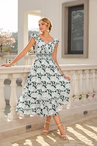 Image of GRACE KARIN Women's Summer Floral Maxi Dress 2026 Ruffle Sleeve Smocked Sundress Flowy Wedding Guest Long Dresses with Pocket