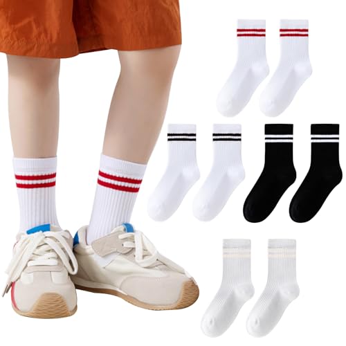Calcetín escolar de algodón para niños y niñas, 4 pares Negro Blanco Gris Moda rayados Niños Calcetines atléticos de la tripulación deportiva casual para niños de 9 a 12 años