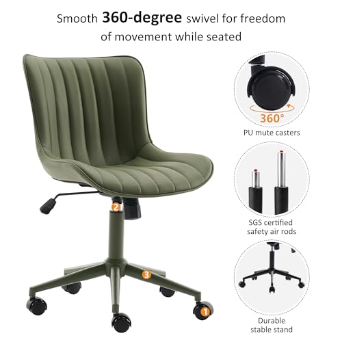 Image of YOUNIKE Office Desk Chair with Wheels Armless Vanity Chair Ergonomic Green | Faux Leather Upholstered with Rocking Back, Swivel Height Adjustable, Modern Small Cute Task Chair For Sewing Drafting