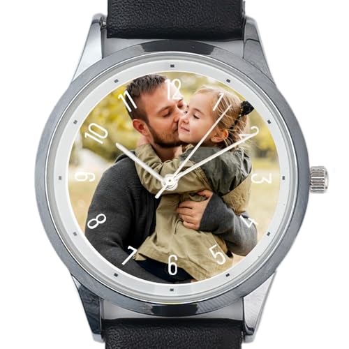 Wanapix | Montre pour Homme Personnalisée | Montre à Bracelet en Similicuir avec Photo | Étanche jusqu'à 3 ATM | Bracelet Noir Ajustable | Cadran argenté...