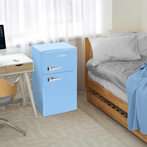 West Bend Mini Fridge with Freezer for Bedroom, Office, Bar or Dorm Room, Retro Compact Refrigerator features Glass Shelves, Manual Defrost and Adjustable Temperature Control, 3.1-Cu.Ft., Blue on Fridge.com