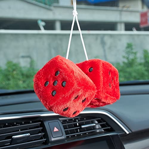 Image of 2.95'' Retro Fuzzy Plush Dice Car Charm Square Rear View Mirror Hanging Ornament Accessories, Red