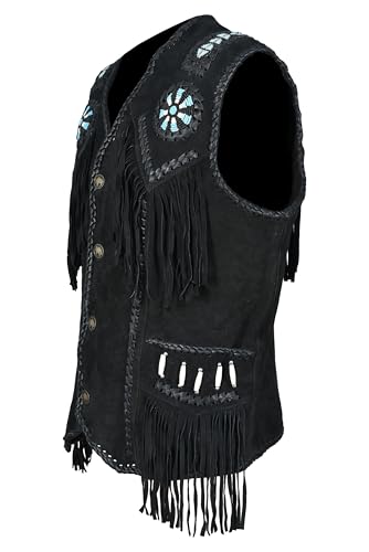 Men’s Western Cowhide Suede & Leather Vest – Beaded Fringe Yoke & Back Native-Inspired Cowboy Biker Vest2
