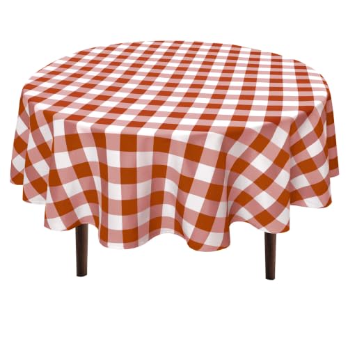 Hiasan Waterproof Checkered Round Tablecloth 70 Inch, Rust and White