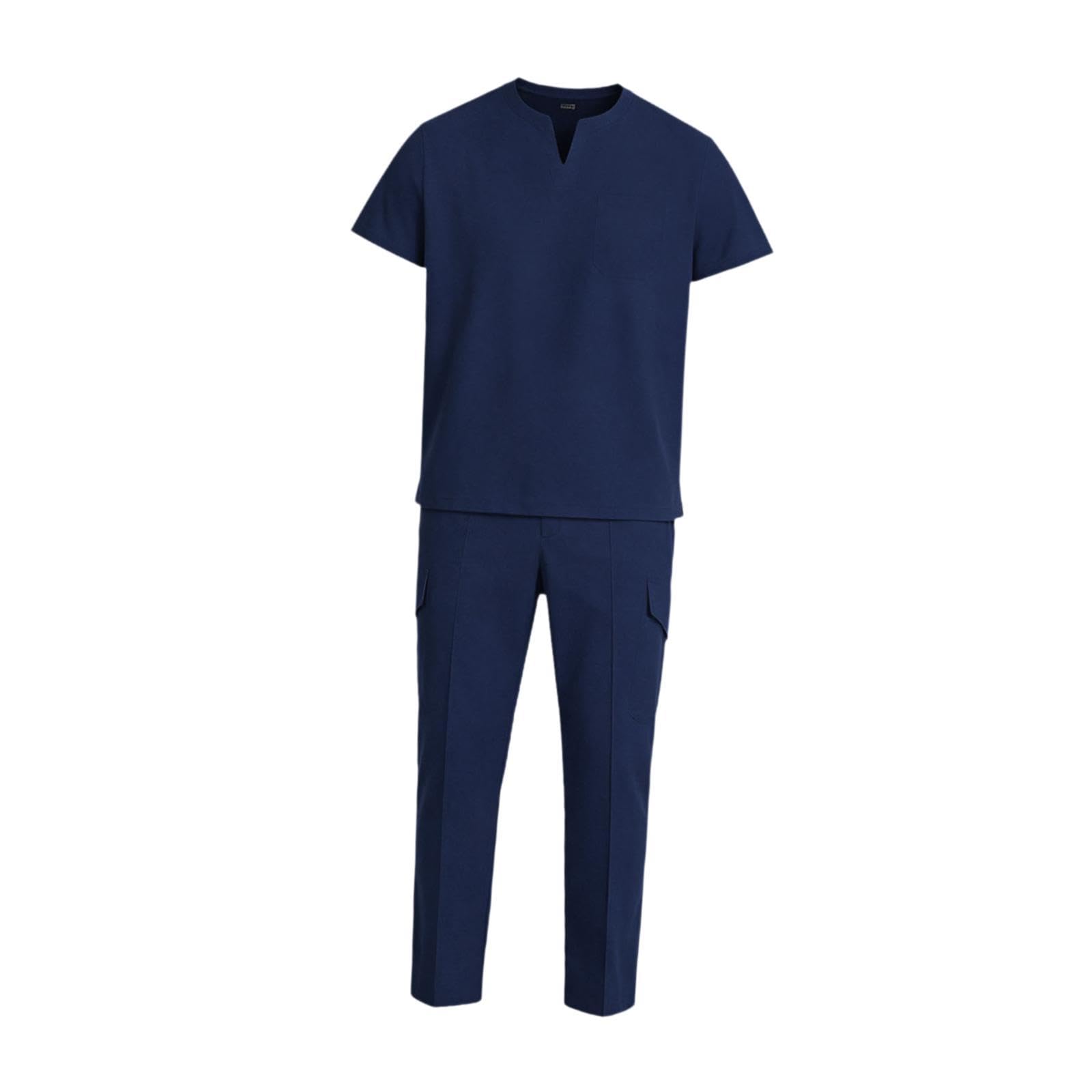 OP Kleidung für Pflegekräfte, Komplettes Set Aus Hemd Und Hose, Herren, Weiches Stretchmaterial mit Verstellbarem Bund, Maschinenwaschbar, Geeignet Fü, Dunkelblau, L