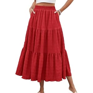 HUSKARY Women's Summer Casual Elegant Smock Layered Tiered Maxi Skirt High Waisted A Line Flowy Long Skirts with Pockets