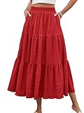 HUSKARY Women's Spring Summer Trendy Smock Long Tiered Maxi Skirt High Waisted Loose Flowy Flared Skirts,Red,Large