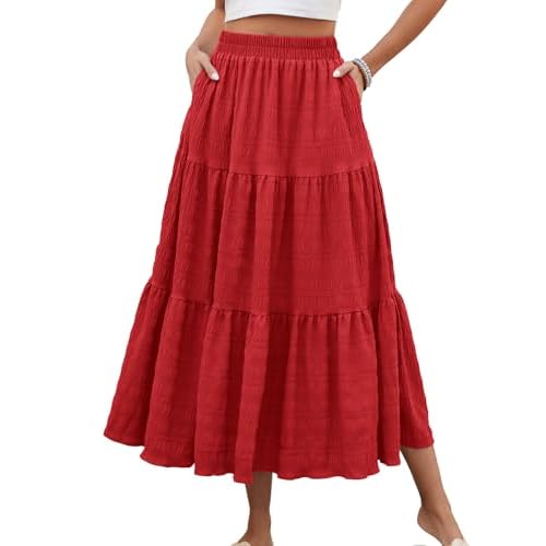 HUSKARY Women's Summer Casual Elegant Smock Layered Tiered Maxi Skirt High Waisted A Line Flowy Long Skirts with Pockets XX-Large Red