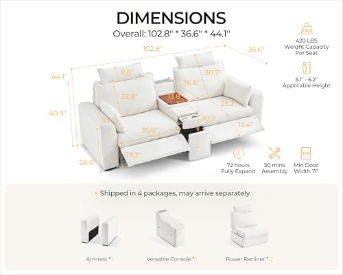 Image of 102.8'' Loveseat Power Recliner Sofa with Headrest, Oversized Cloud Modular Sectional Reclining Couch with Table, Storage Drawer, Charging, 2-Seater for RV Home Theater, Chenille, White
