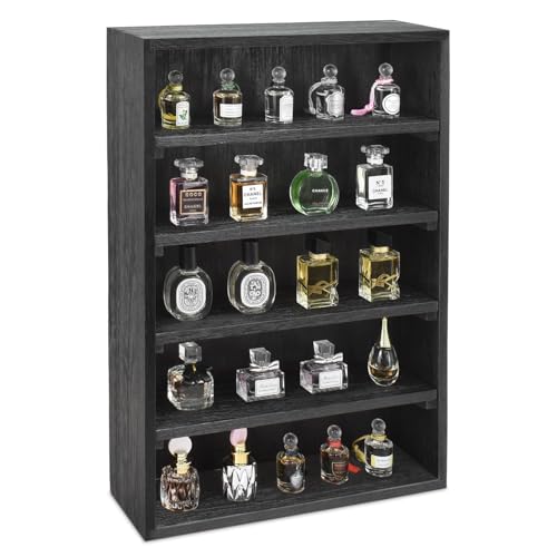 Ikee Design Wooden Wall-Mounted Display Shelves Rack for Collectibles, Figures,Shot Glasses,Spice Can,Cosmetics or Perfume, 5 Adjustable Height Shelves,Space-Saving, Black Color by Ikee Design - Used condition - US$24.49