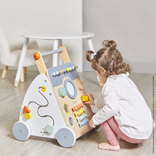 Janod - Sweet Cocoon Multi-Activity Laufwagen - Lauflernwagen aus Holz - 9 Aktivitäten - Leise Räder, Wasserbasierte Farben - Kinderspielzeug ab 1 Jahr, J04410