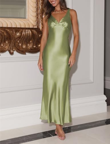 Image of VUBIYA Women's Summer Satin V Neck Backless Maxi Dress Wedding Guest | Open Back Tie-Back, Low Back Sleeveless, Formal Bridesmaid, Elegant Cocktail, Vacation Beach, Date Night and Party